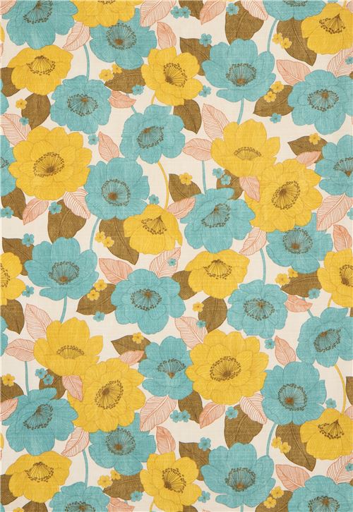 natural color Baniran fabric with turquoise chartreuse flower by Kokka ...