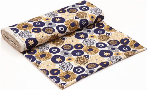 Remnant (18 x 110 cm) - natural color Canvas fabric from Japan with navy blue and mustard yellow flo 3