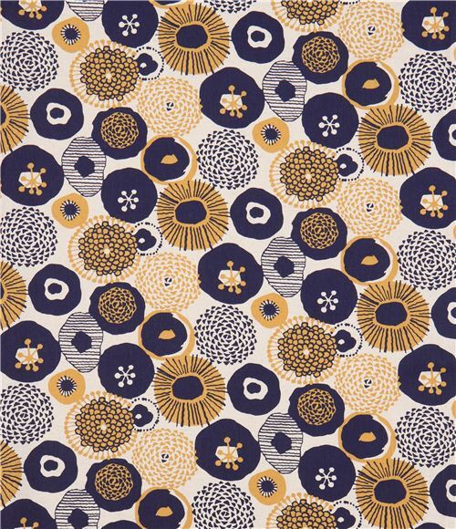 Remnant (18 x 110 cm) - natural color Canvas fabric from Japan with navy blue and mustard yellow flo 2
