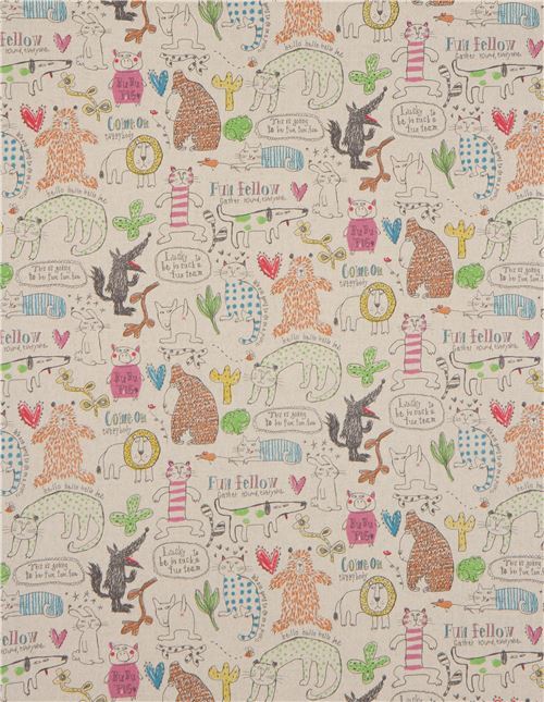 natural color Canvas fabric with colorful domestic and wild animals ...