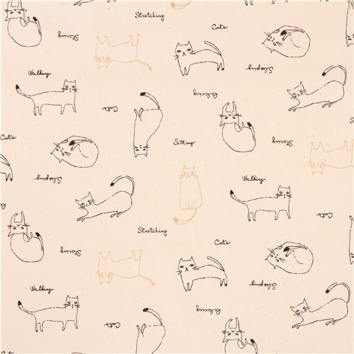 Remnant (25 x 110 cm) - natural color Lecien oxford fabric cute cat animal gold metallic