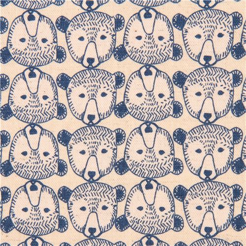 natural color blue bear face Canvas fabric Kokka Japan 1