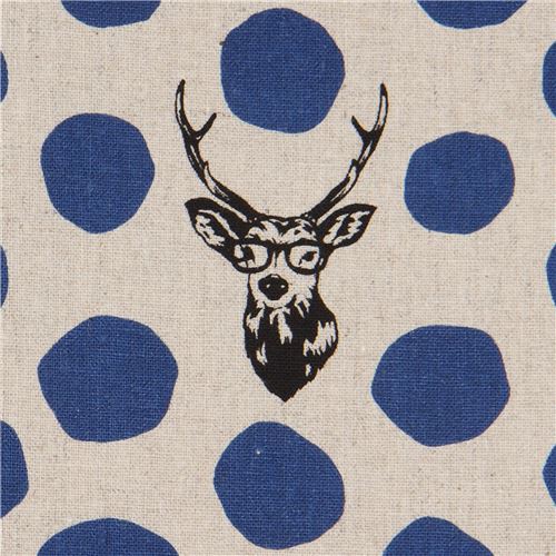 Tela lona laminada color natural a lunares azul oscuro ciervos de echino Sambar Tela