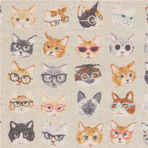 natural color funny cat animal sunglasses Canvas fabric Kokka Japan Fabric