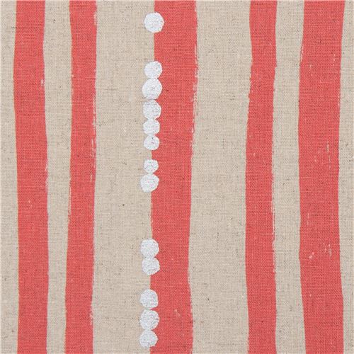 natural color pink-coral echino canvas fabric with silver metallic and Stripe Fabric