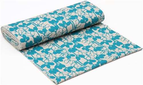 natural color with blue-turquoise flower Canvas fabric from Japan - modeS4u