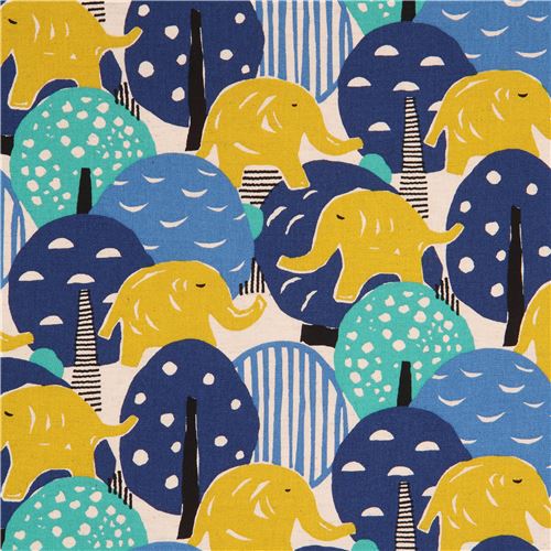 natural color with chartreuse elephant blue tree Canvas fabric from Japan Fabric