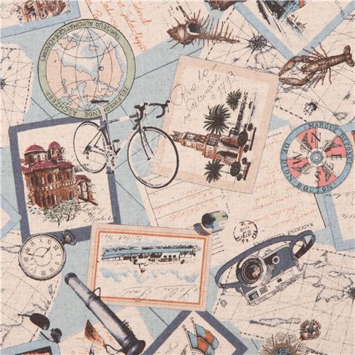 Naturfarbener Vintage Postkarten Globus Karten Retro Canvas Stoff Aus Japan Kawaii Fabric Shop