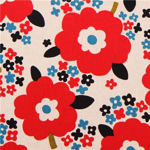 natural grey flower oxford fabric red by Cosmo from Japan by Cosmo ...