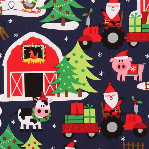 Navy Santa Claus farm Christmas fabric by Michael Miller 