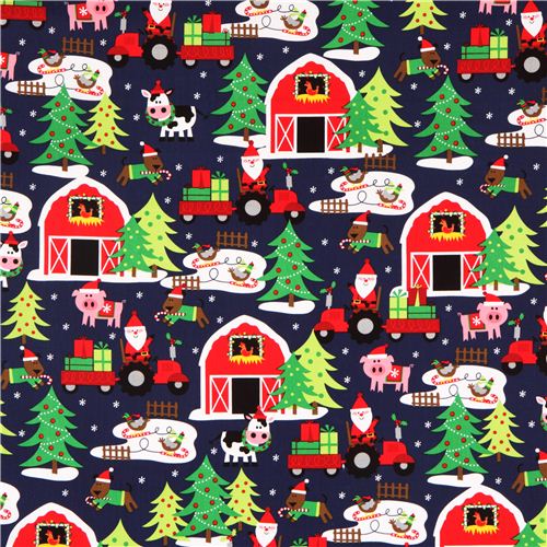 navy Santa Claus farm Christmas fabric by Michael Miller 2