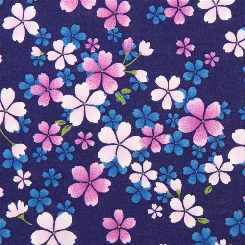 navy blue tissu asiatique with purple and pink cherry blossom from Japan  1