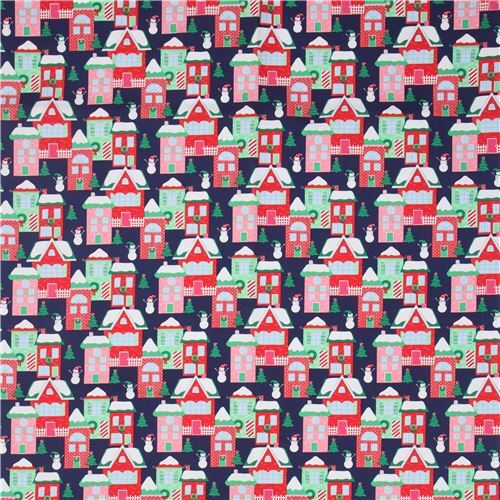 navy blue Christmas house fabric by Michael Miller modeS4u