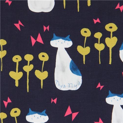 navy blue Cotton and Steel cat quilting fabric Fabric