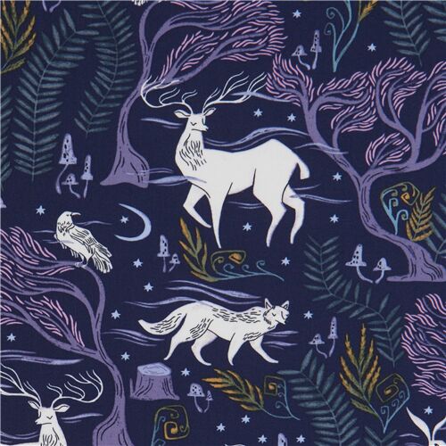 navy blue Dear Stella night time fabric with deer and forest animals Fabric