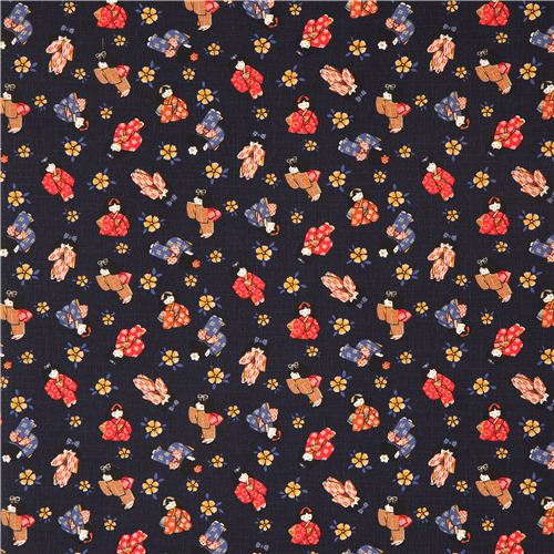 navy blue Geisha Kyoto Japan cotton fabric structured Asia Fabric Fabric Kawaii Shop modeS4u