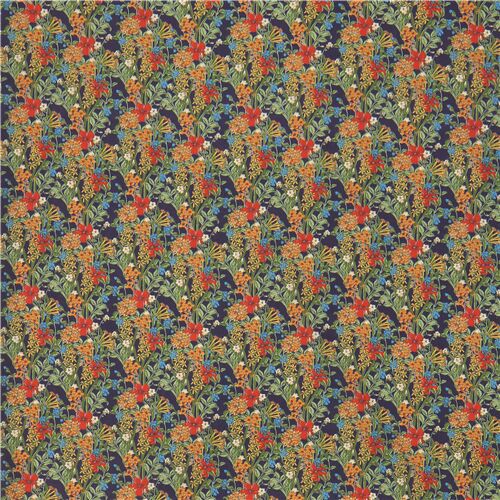 navy blue Japanese flower garden lawn fabric - modeS4u