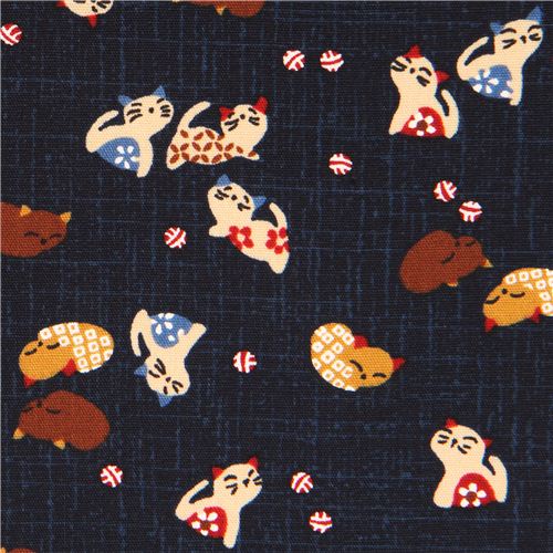  navy  blue  Kyoto cat  Japan cotton fabric structured 