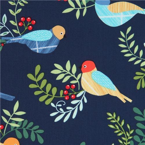 Remnant (48 x 112 cm) - navy blue Michael Miller bird fabric