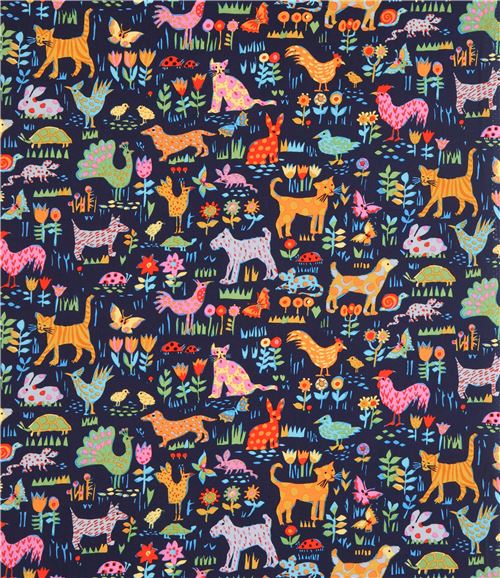 navy blue Michael Miller fabric colorful animal Backyard Friends - modeS4u