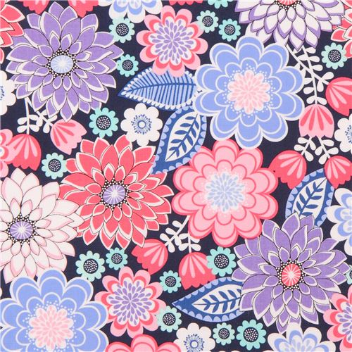 navy blue Michael Miller fabric purple white flower Emma Fabric by