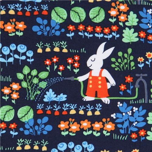 Mat Miller Rabbit navy blue Michael Miller fabric rabbit animal small flower Bunnys ...
