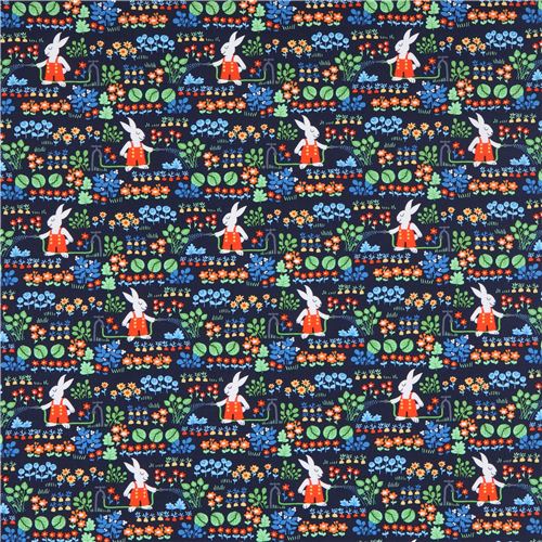 navy blue Michael Miller fabric rabbit animal small flower Bunnys ...