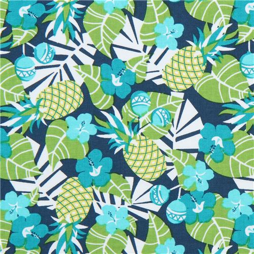 navy blue Michael Miller fabric white lime green leaf teal flower ...