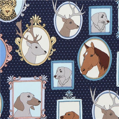 navy blue Michael Miller fabric with animals and frames Fabric by ...