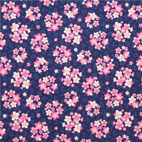 navy blue Sakura Asia fabric with purple and pink cherry blossom 2