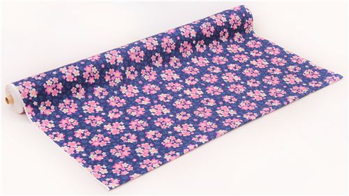 navy blue Sakura Asia fabric with purple and pink cherry blossom 3