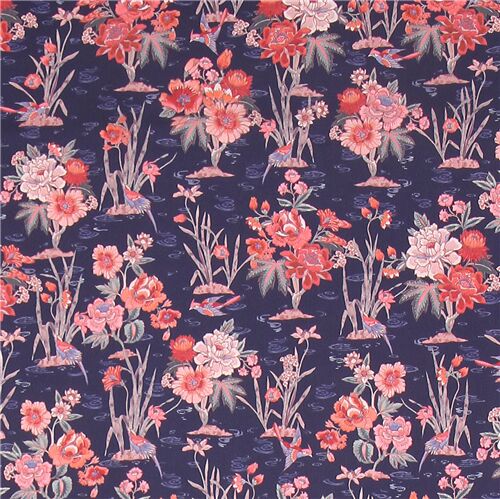 Navy Blue Tana Lawn Cotton Fabric With Water Flowers By Liberty Fabrics Modes4u