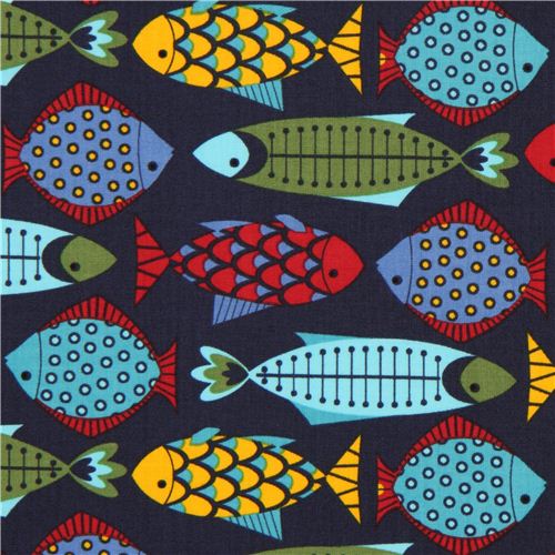navy blue Timeless Treasures animal fabric colourful fish 1