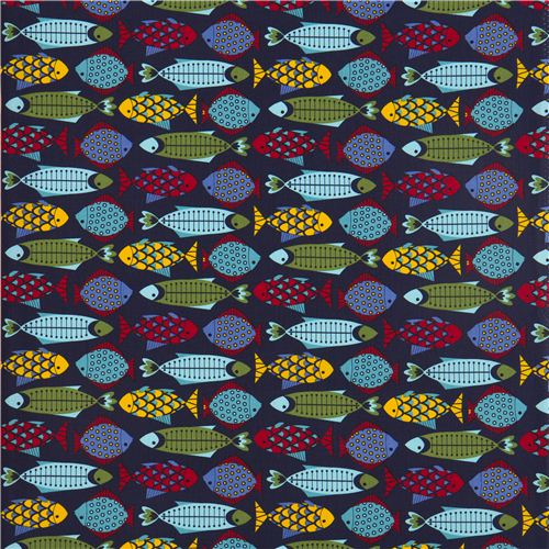 navy blue Timeless Treasures animal fabric colourful fish 2