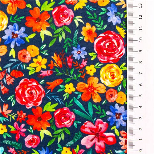 navy blue cotton fabric Michael Miller with multicolour tumbling