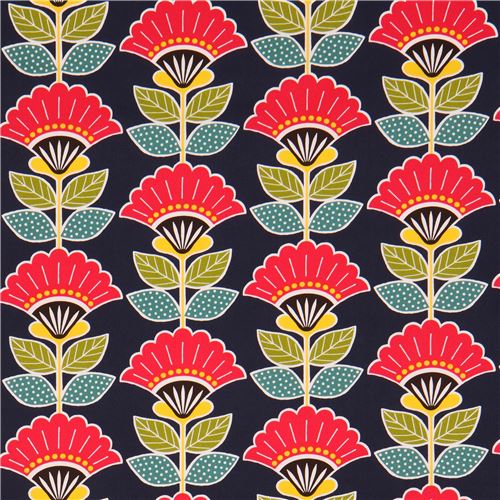 navy blue cotton printed oxford fabric colorful flower leaf from Japan 3