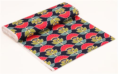 navy blue cotton printed oxford fabric colorful flower leaf from Japan 4