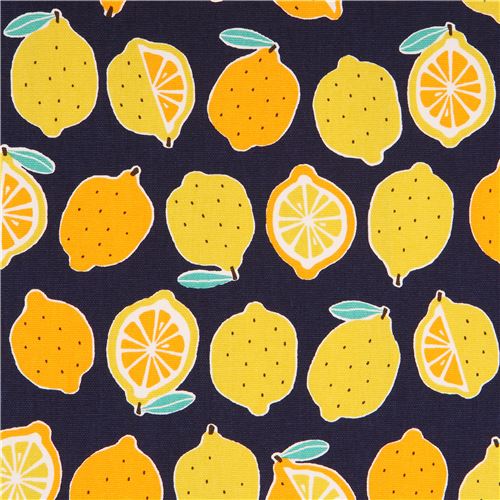 navy blue cotton printed oxford fabric yellow orange lemon from Japan ...