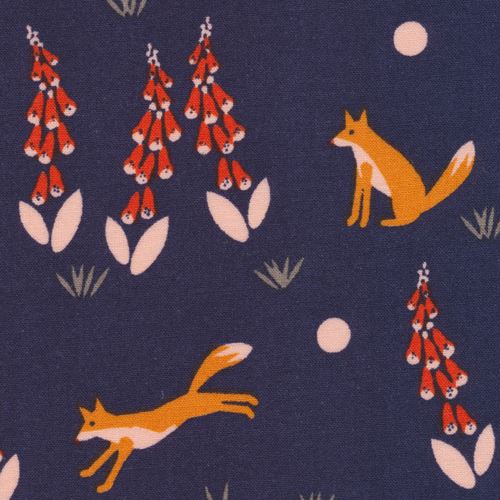 Navy Blue Cute Fox Animal Flower Cloud 9 Organic Cotton Fabric Foxglove ...