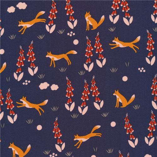 Navy Blue Cute Fox Animal Flower Cloud 9 Organic Cotton Fabric Foxglove ...