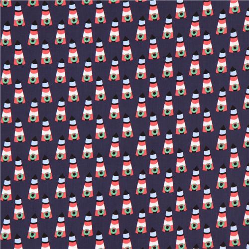 Fat Quarter (50 x 56 cm) - navy blue cute lighthouse Christmas wreath fabric by Dear Stella USA 2
