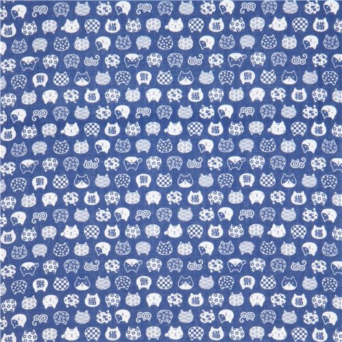  navy  blue  double gauze fabric cute cat  face animal from 