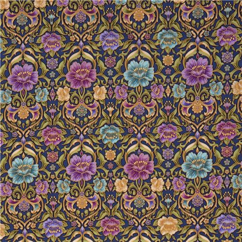 navy blue fabric blue purple flower gold metallic by Robert Kaufman USA ...