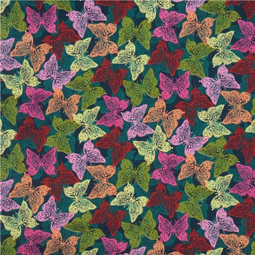 Fat Quarter (50 x 54 cm) - navy blue fabric colorful butterfly insect Ink & Arrow 2