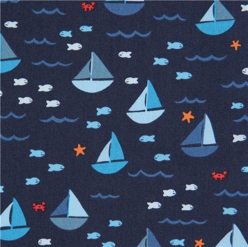 navy blue fabric sail boat mini fish animal by Dear Stella USA 1