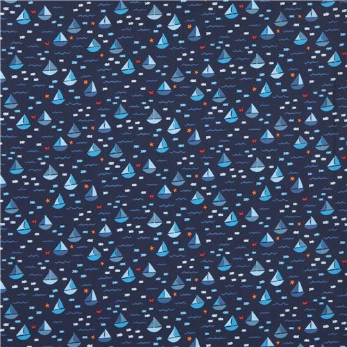 navy blue fabric sail boat mini fish animal by Dear Stella USA 2