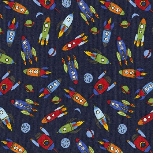 navy blue fabric with colorful small rocket spaceship by Timeless ...