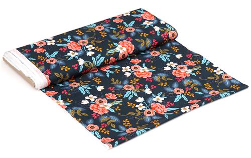 navy blue fabric with flower leaf Cotton Lawn fabric by Cotton and ...