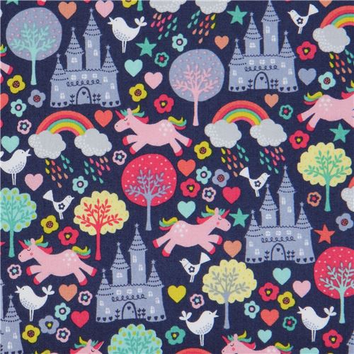 navy blue fabric with rainbow castle unicorn animal makower uk Fantasy 1