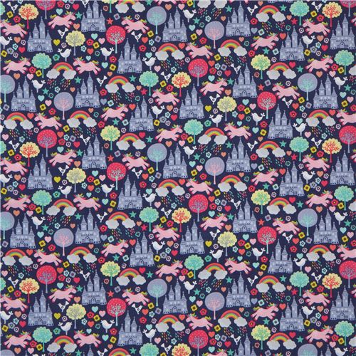 navy blue fabric with rainbow castle unicorn animal makower uk Fantasy 2